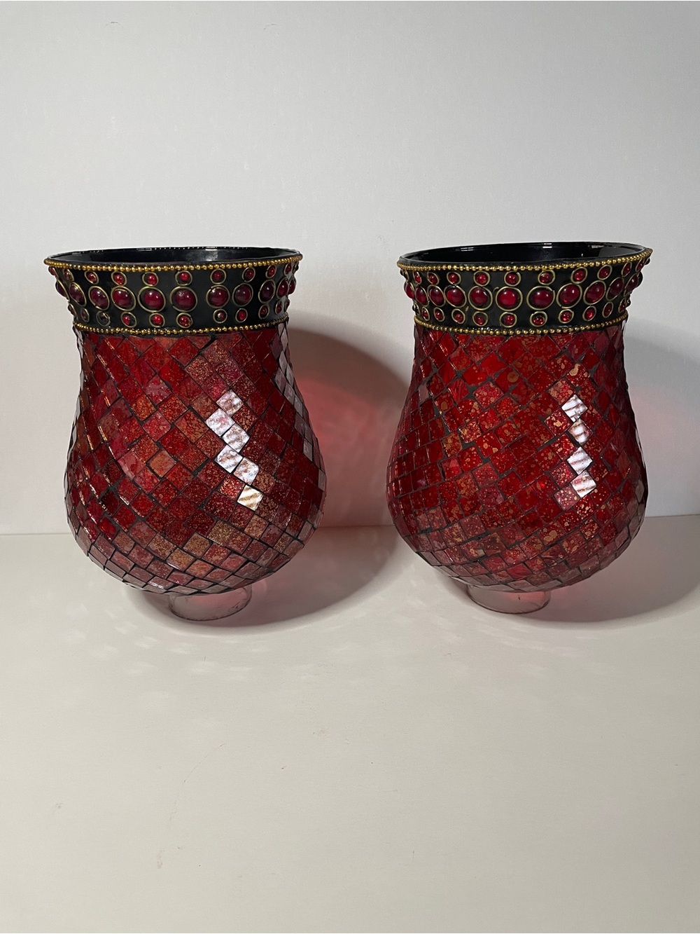 Red Mosaic Glass Hurricane Shades Decorative Trim Home Accents